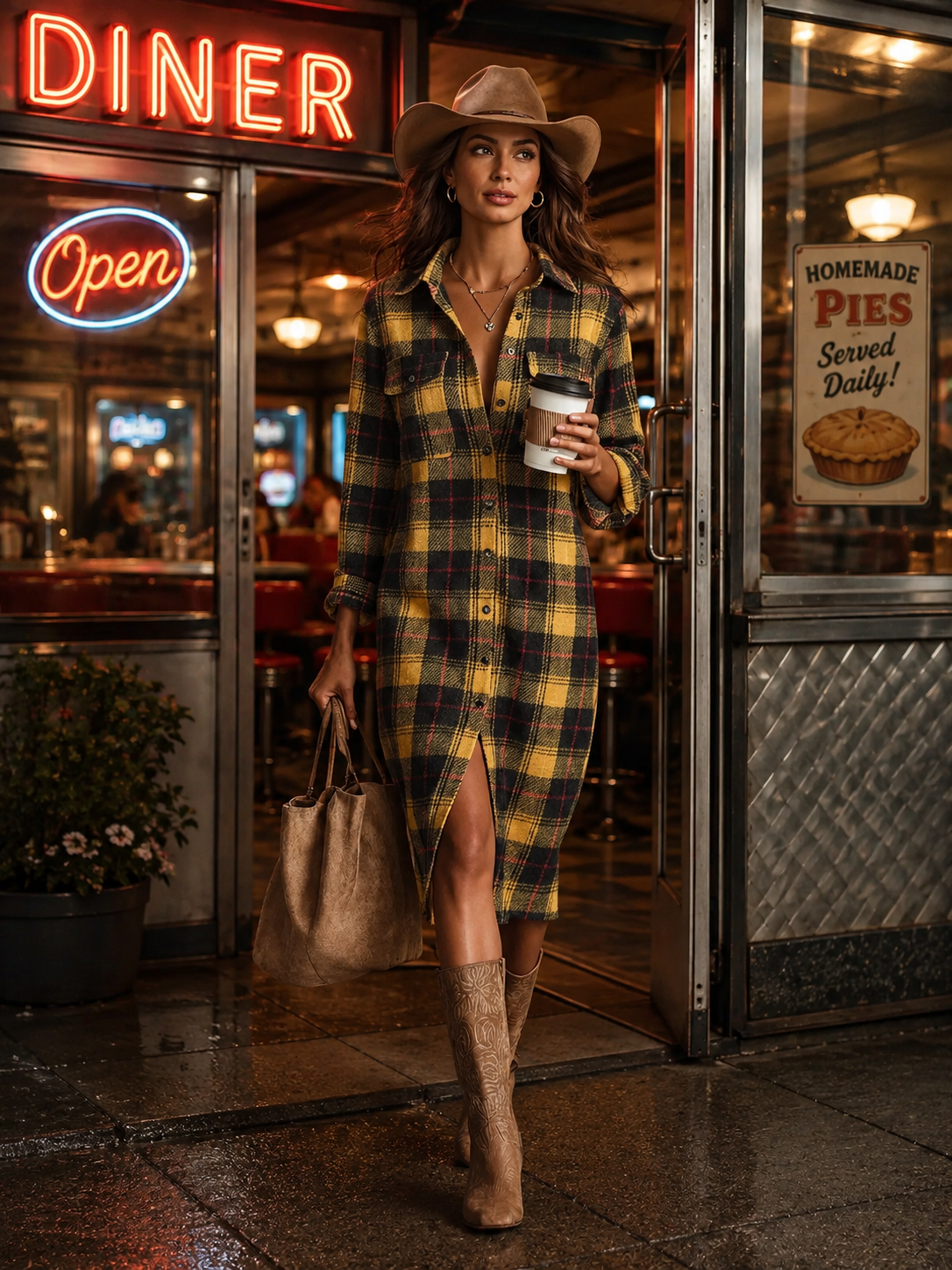 Plaid Shirt Dress with Side Slit
