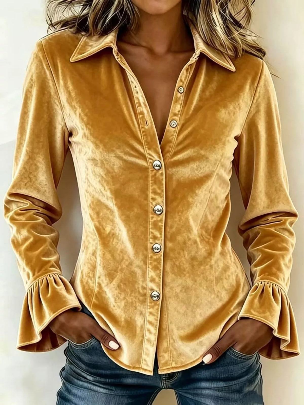 Full Size Velvet Button Up Flare Sleeve Shirt Plus Size Gold