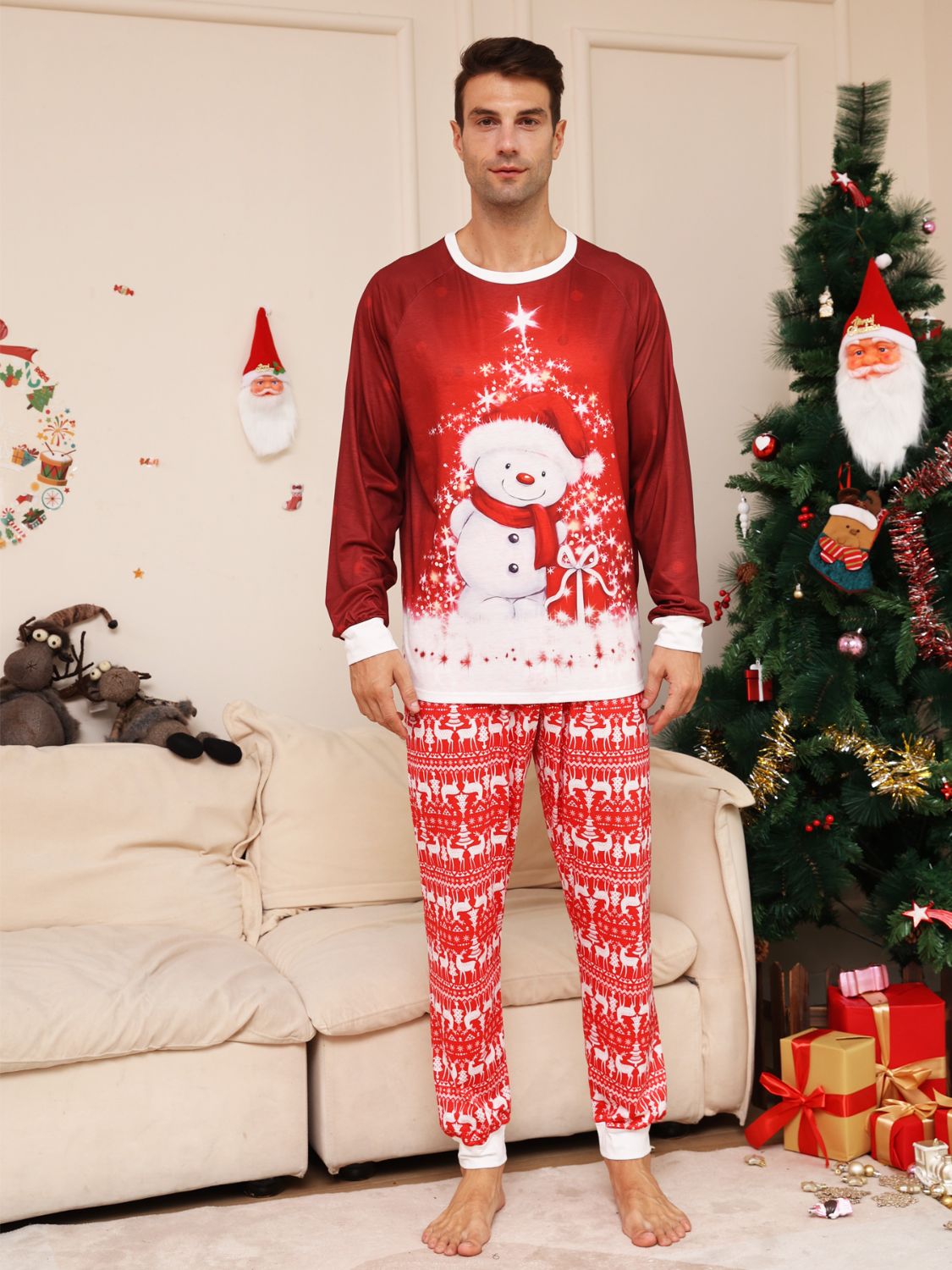 Snowman Top and Pants Set Deep Red