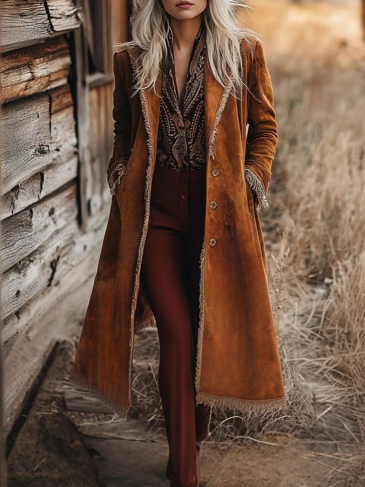 Fringe Trim Longline Coat Caramel