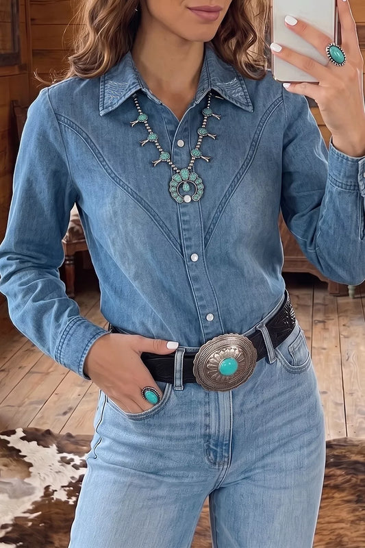 Long Sleeve Collared Neck Denim Shirt Medium