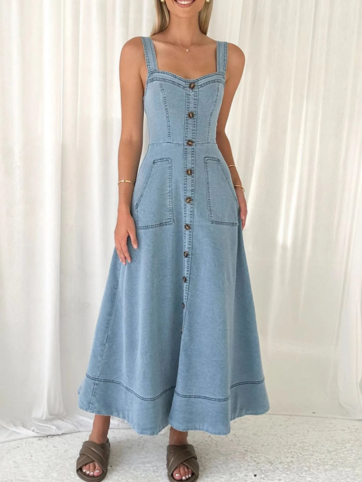 Wide Strap Sweetheart Neck Denim Dress