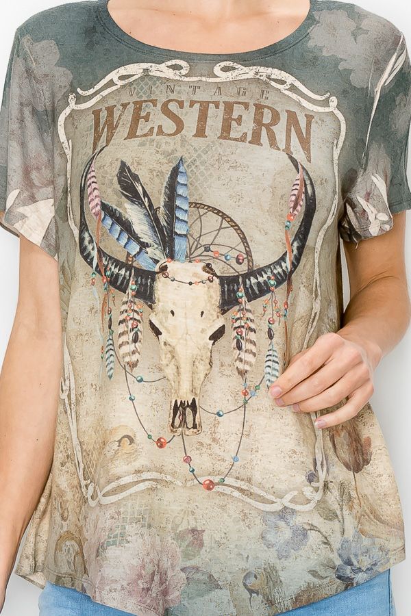 Western Cowgirl Short Sleeve Top by Origami in Size S, M, L, XL, or 2XL