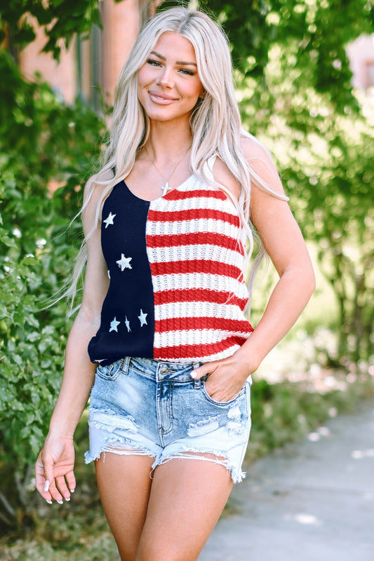 US Flag Theme V-Neck Knit Cami Multicolor