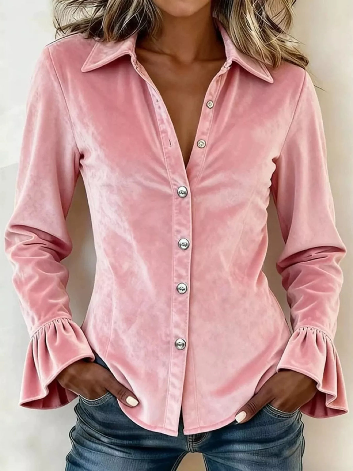 Full Size Velvet Button Up Flare Sleeve Shirt Plus Size Pink
