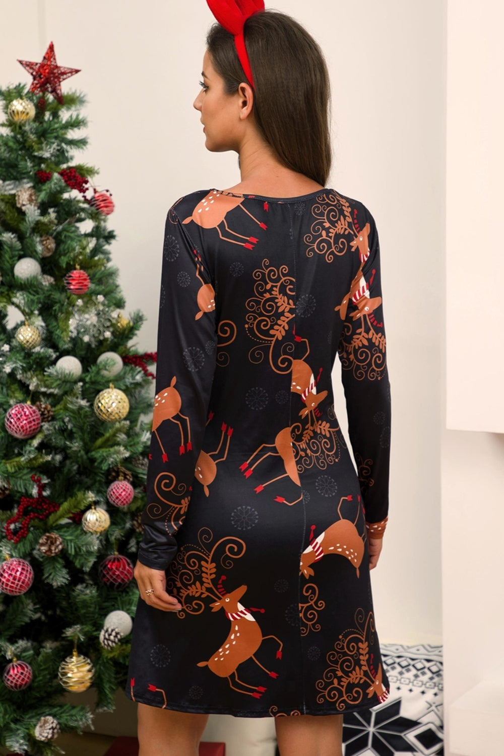 Full Size Christmas Long Sleeve Dress Coral