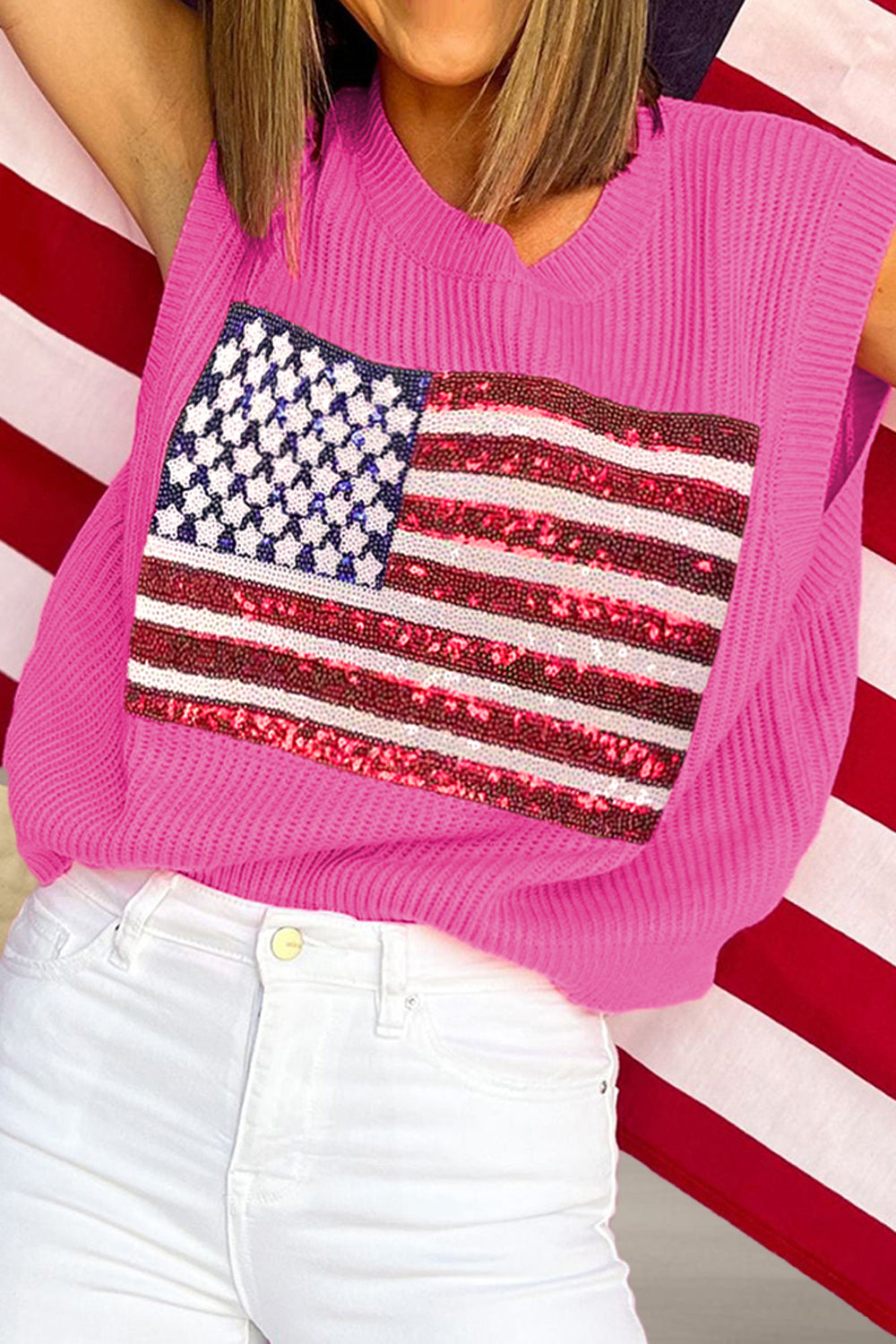 Sequin US Flag Round Neck Sweater Vest Fuchsia Pink