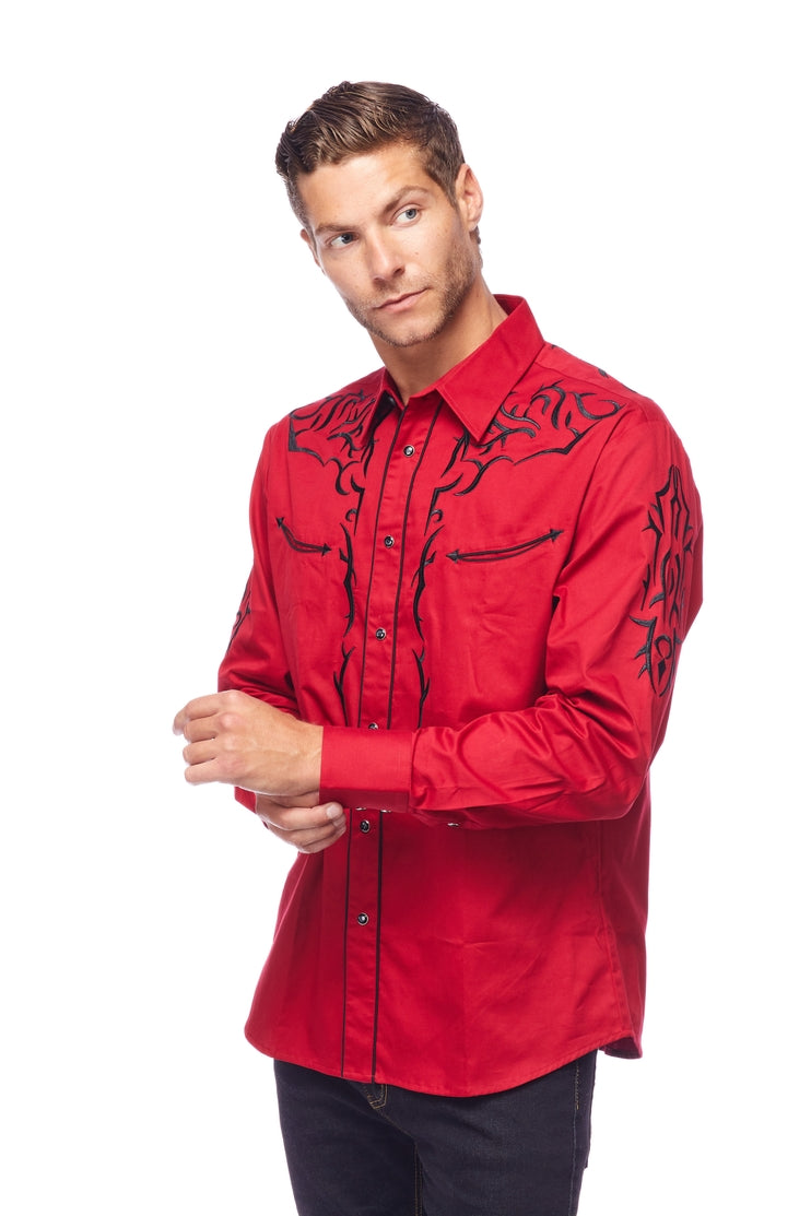 Gold Buckle Cowboy Embroidered Red Shirt by Rodeo Clothing in Size M, L, XL, or XXL