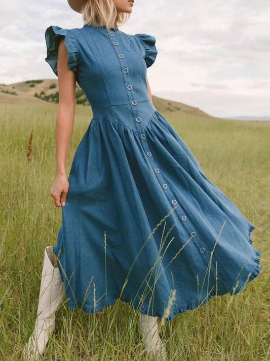 Ruffled Cap Sleeve Denim Dress Navy Blue