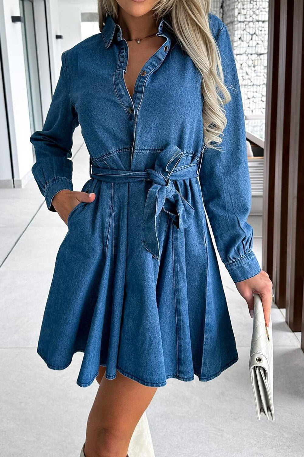 Tied Half Button Long Sleeve Denim Dress Dusty Blue