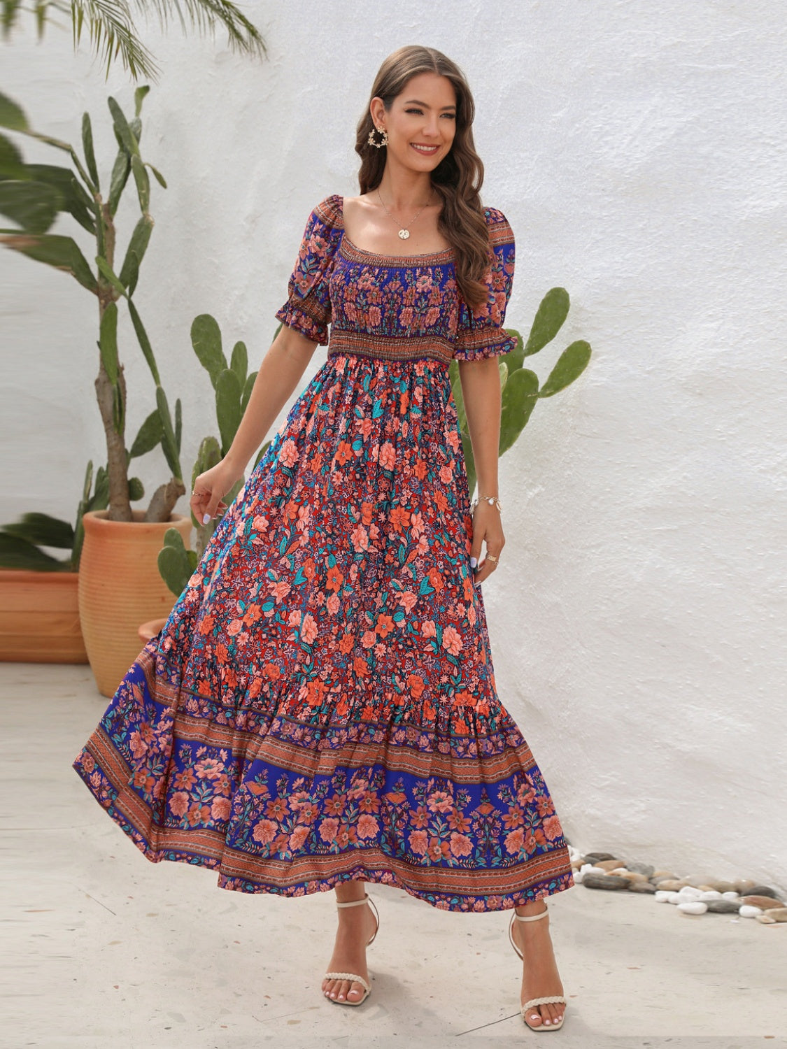 Vaquera Bonita Floral Flounce Sleeve Dress in 5 Color Choices in Size S, M, L, XL, or 2XL