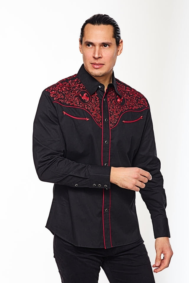 Gold Buckle Cowboy Embroidered Bareback Rider Shirt in Black by Rodeo Clothing in Size M, L, XL, or XXL