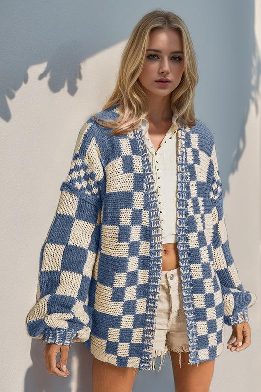 Open Front Checkered Drop Shoulder Cardigan Pastel Blue