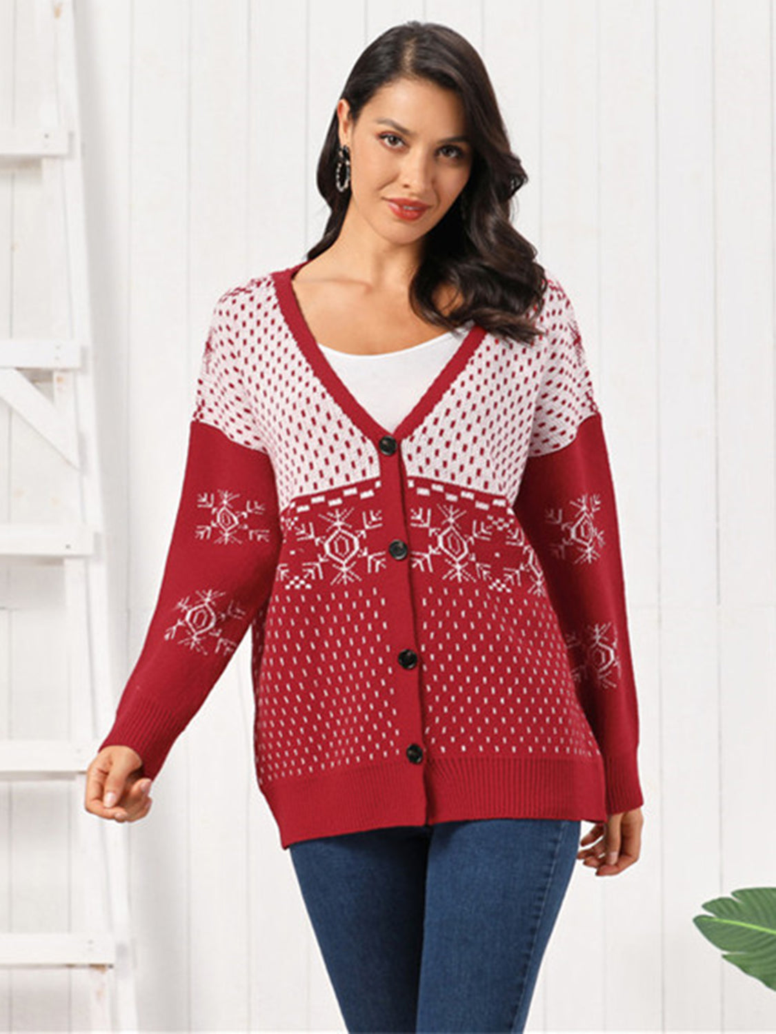 Snowflake Button Down Cardigan Deep Red