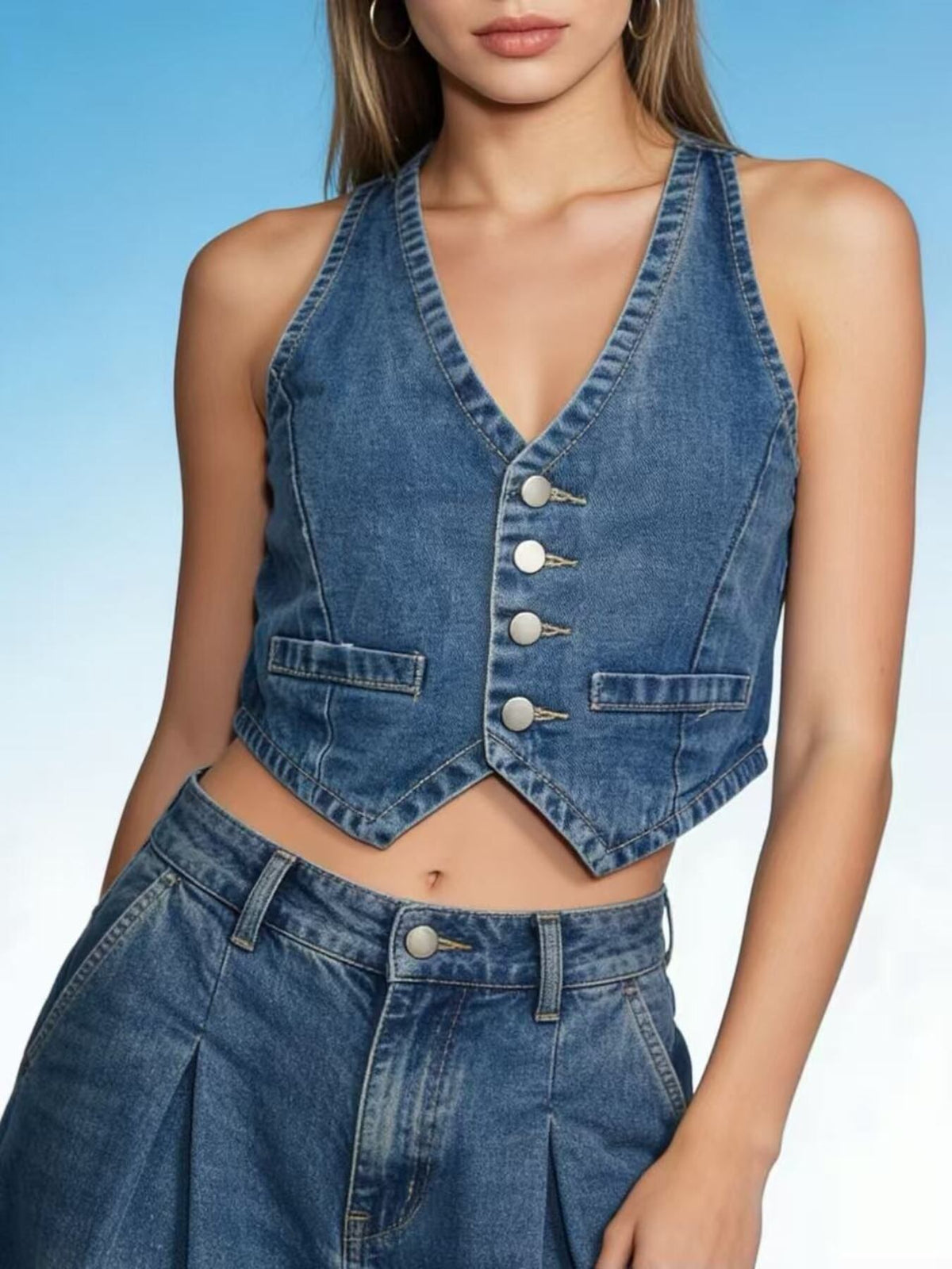 Button-Down Denim Vest Dark Blue