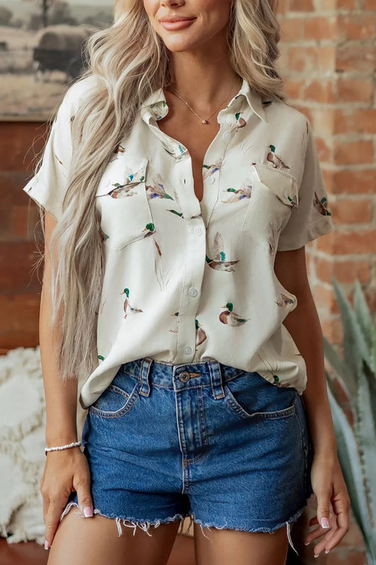 Mallard Printed Button Flap Pocket Short Sleeve Shirt White
