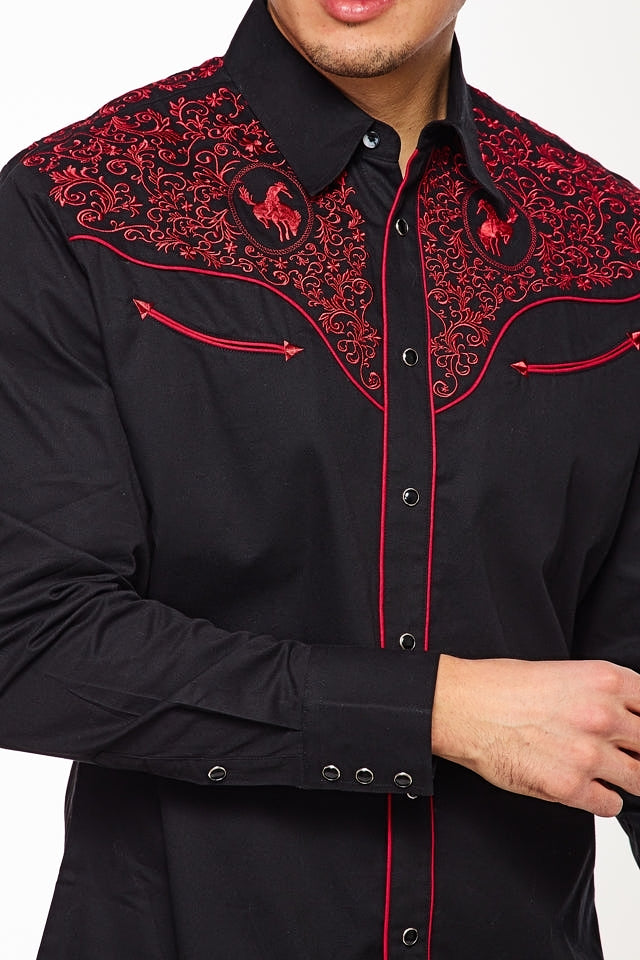 Gold Buckle Cowboy Embroidered Bareback Rider Shirt in Black by Rodeo Clothing in Size M, L, XL, or XXL