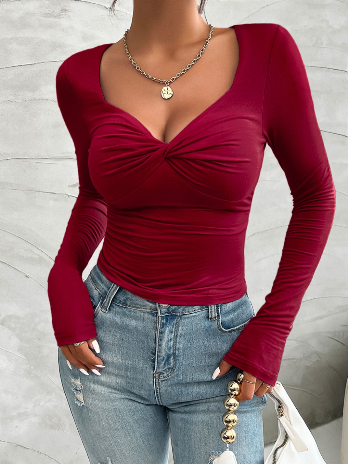 Twisted Long Sleeve Tee Shirt Burgundy