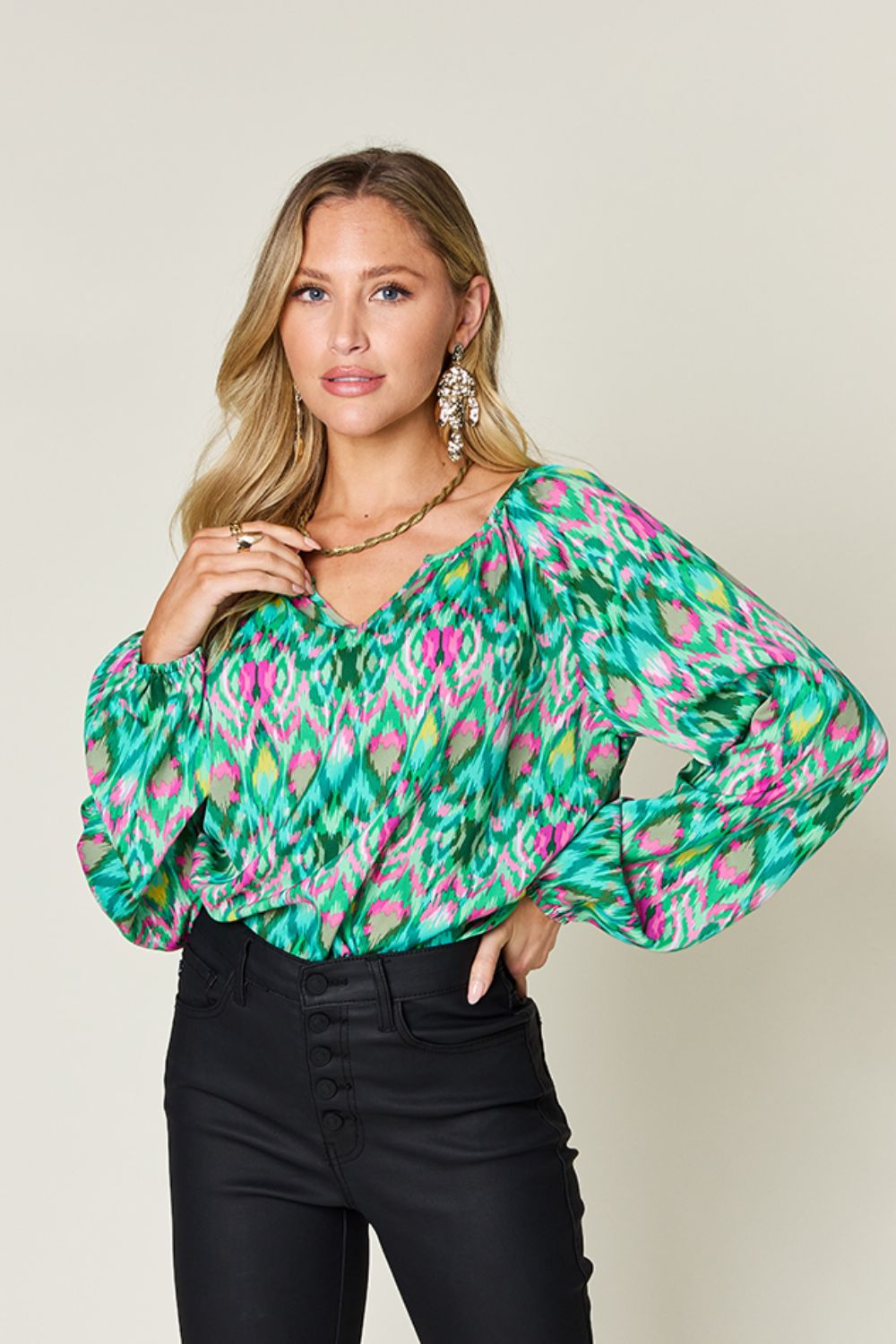 Double Take Full Size Printed Balloon Sleeve Blouse Green