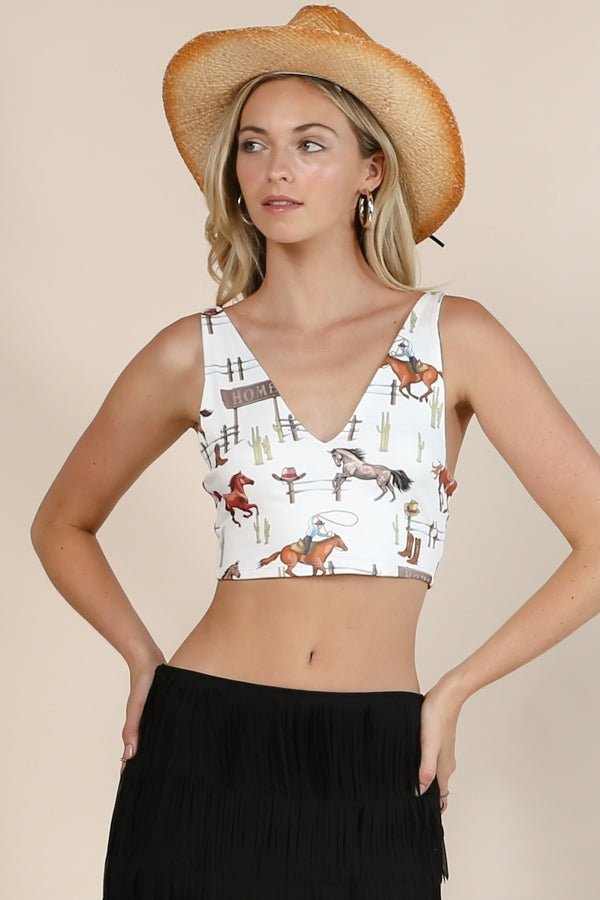 Western Rodeo Print Crop V Neck Tank Top by Nylon Apparel in Size S, M, or L