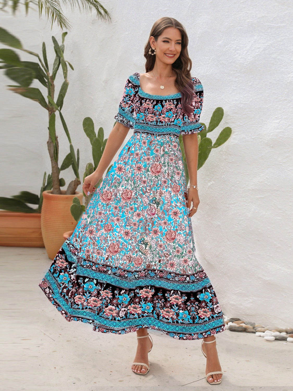 Vaquera Bonita Floral Flounce Sleeve Dress in 5 Color Choices in Size S, M, L, XL, or 2XL