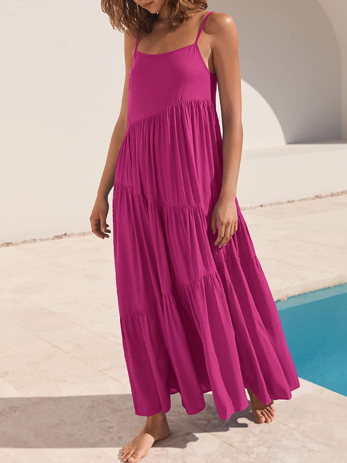 Ruched Tiered Spaghetti Strap Dress Fuchsia