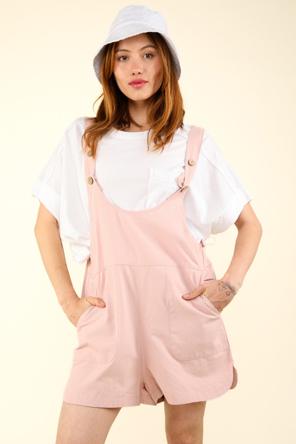 VERY J Adjustable Waist Suspender Overalls with Pockets Pink