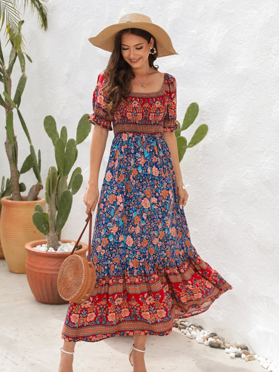 Vaquera Bonita Floral Flounce Sleeve Dress in 5 Color Choices in Size S, M, L, XL, or 2XL Navy