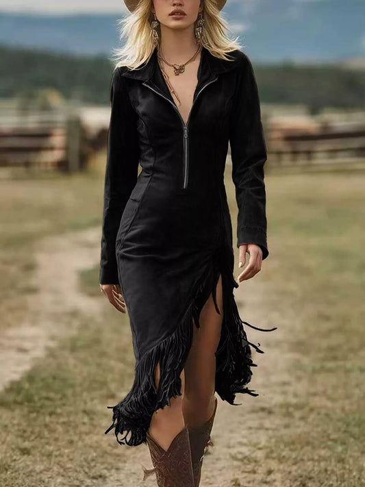 Full Size Fringe Hem Zip Front Bodycon Dress Plus Size Black