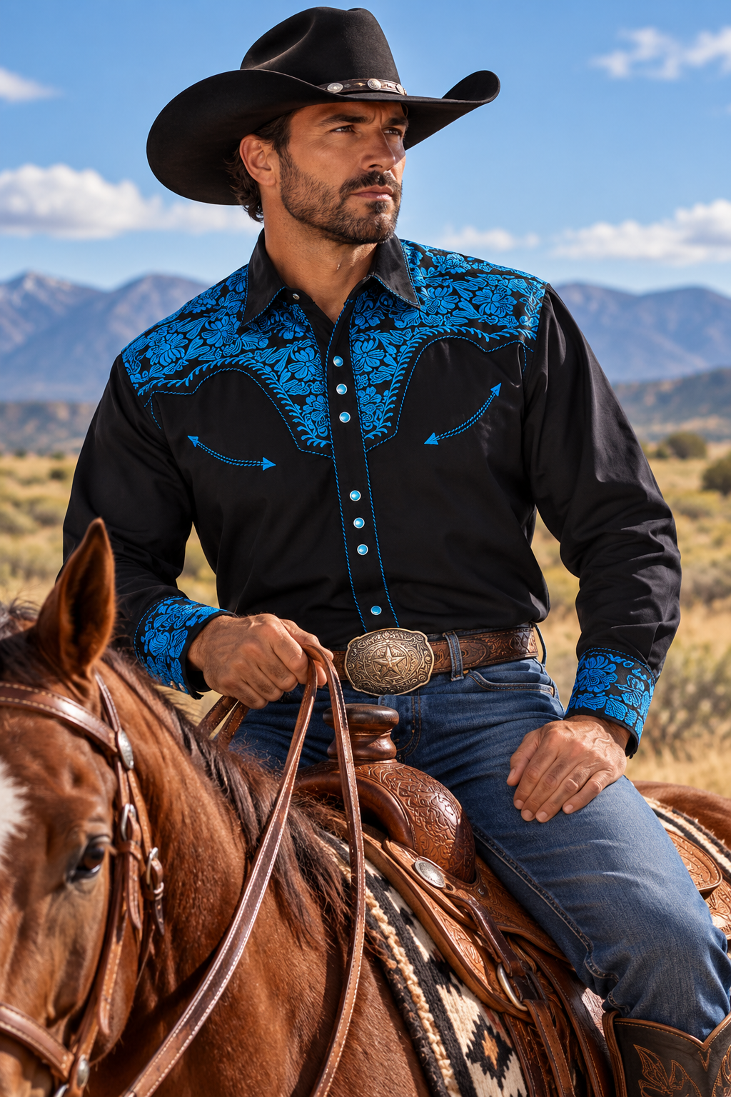 Royal Blue Floral Tooled Western Shirt