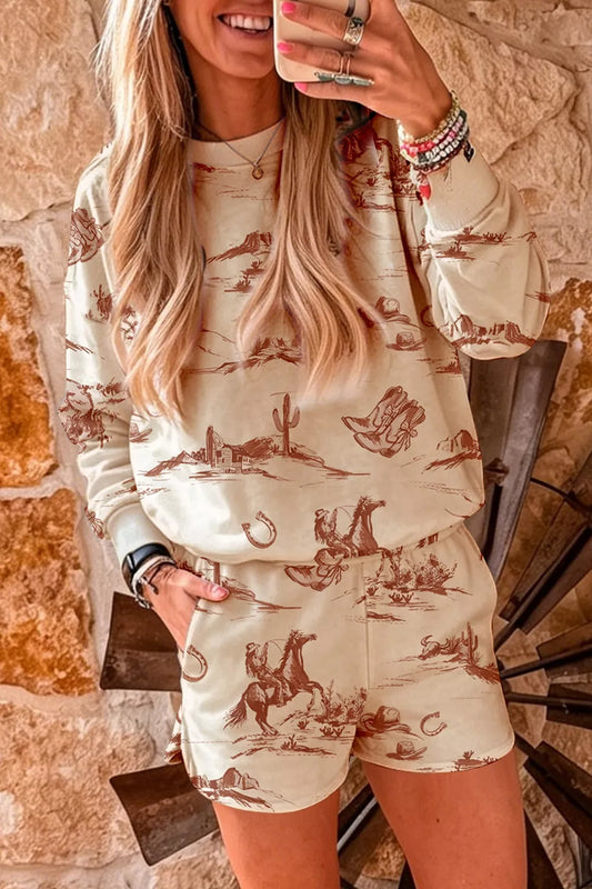 Cowboy Print Long Sleeve Sweatshirt and Shorts Set Beige