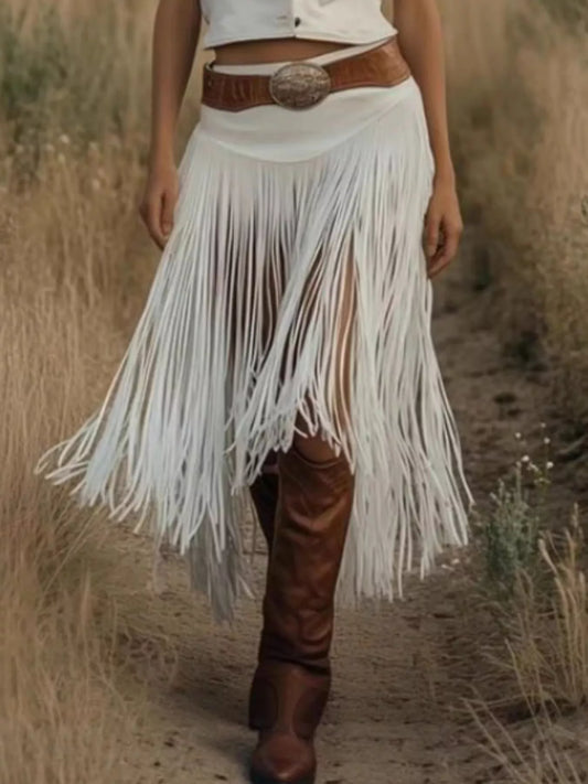Solid Color Fringe Skirt White