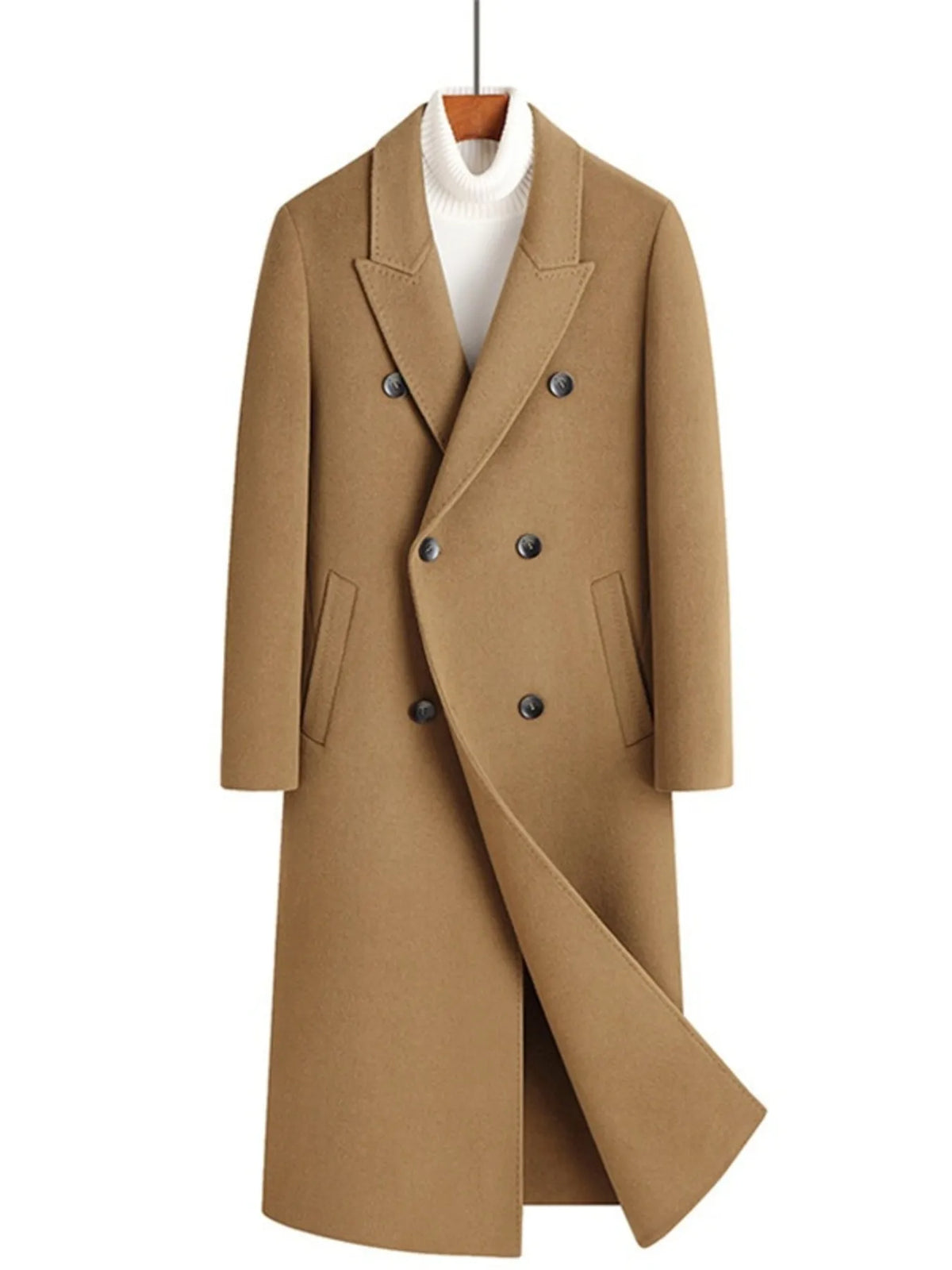 Men's Plus Size Double-Breasted Long Wool Coat Camel