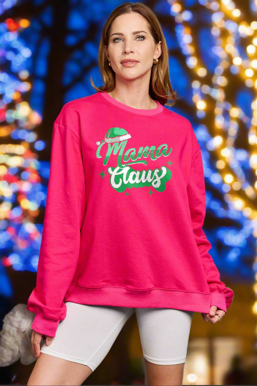 Mama Claus Round Neck Sweatshirt Hot Pink