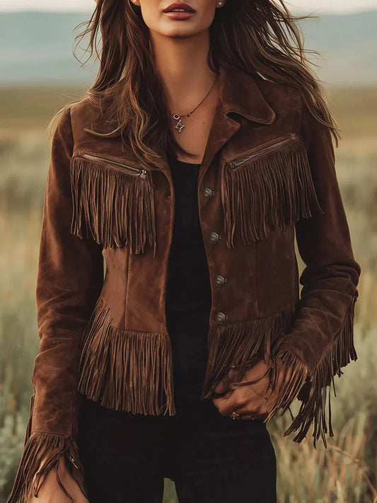 Suede Fringe Button Up Jacket Brown