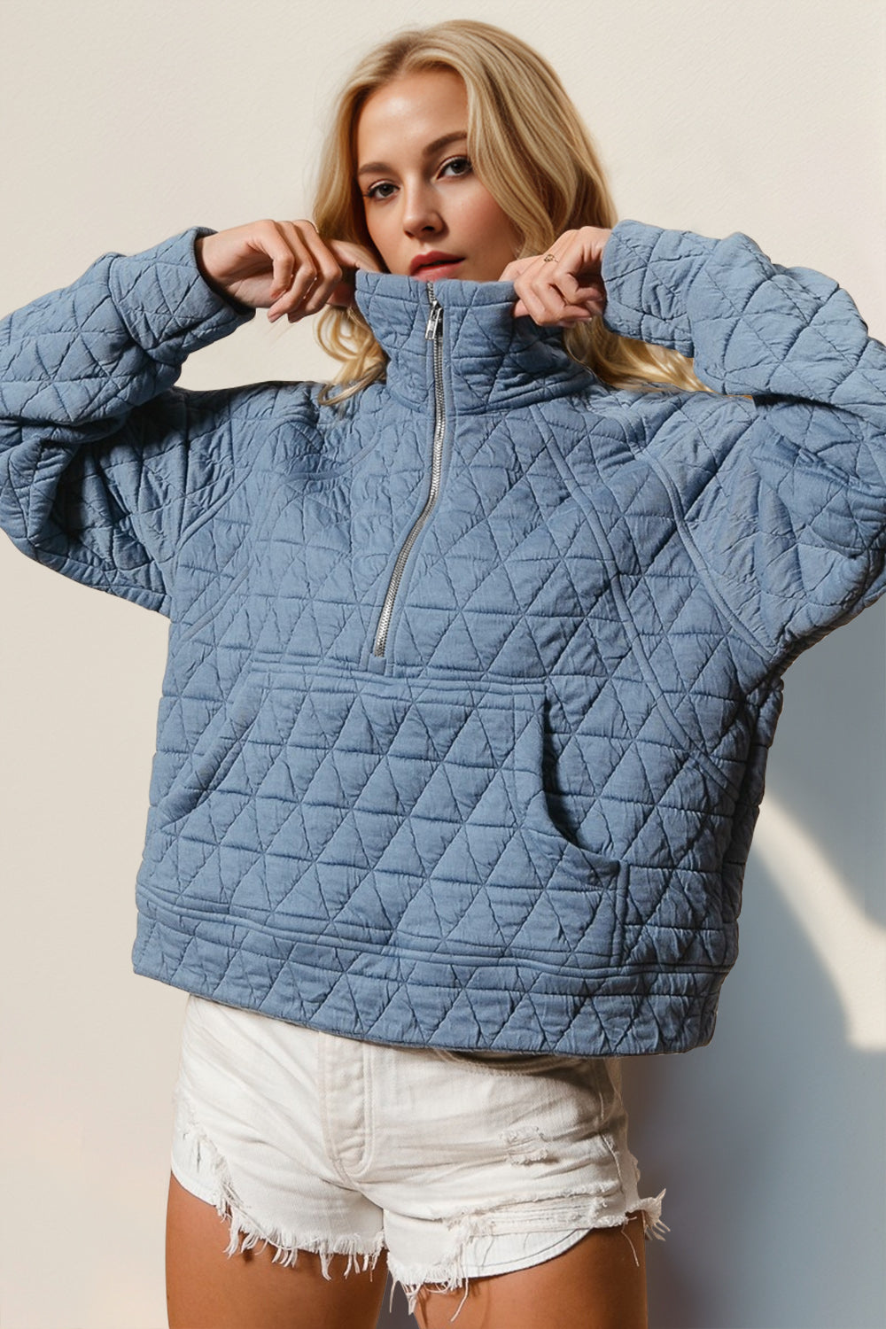 Half Zip Quilted Sweatshirt with Pockets Light Blue