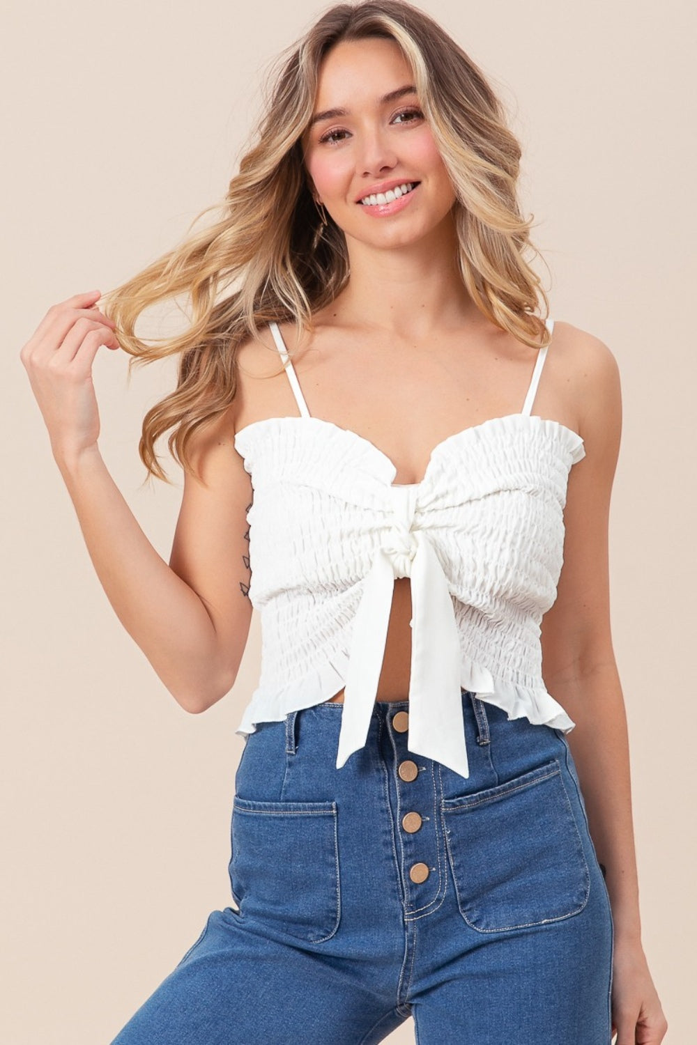 BiBi Ruffled Smocked Ribbon Cami in Size S, M, L, XL Off White