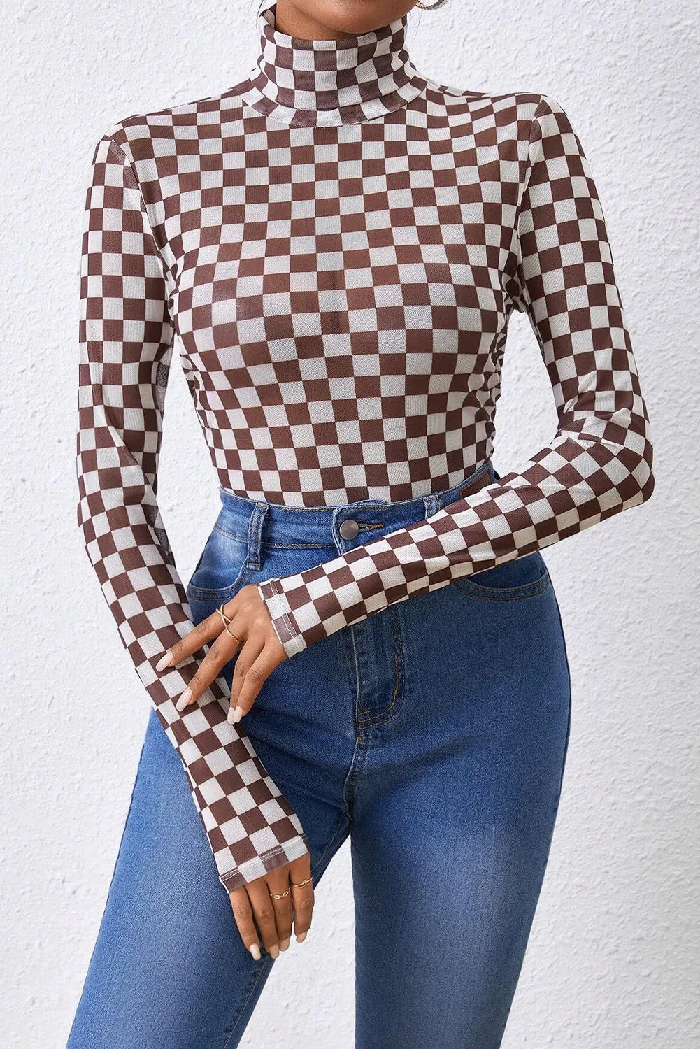 Checkered Turtleneck Long Sleeve Bodysuit Dark Brown