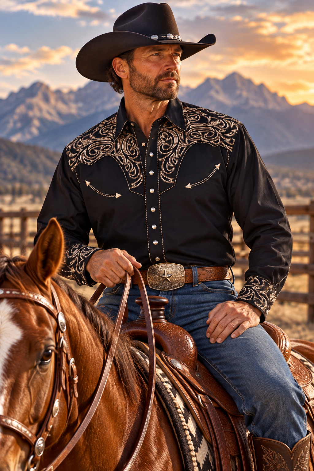 Floral Tooled Black Western Shirt