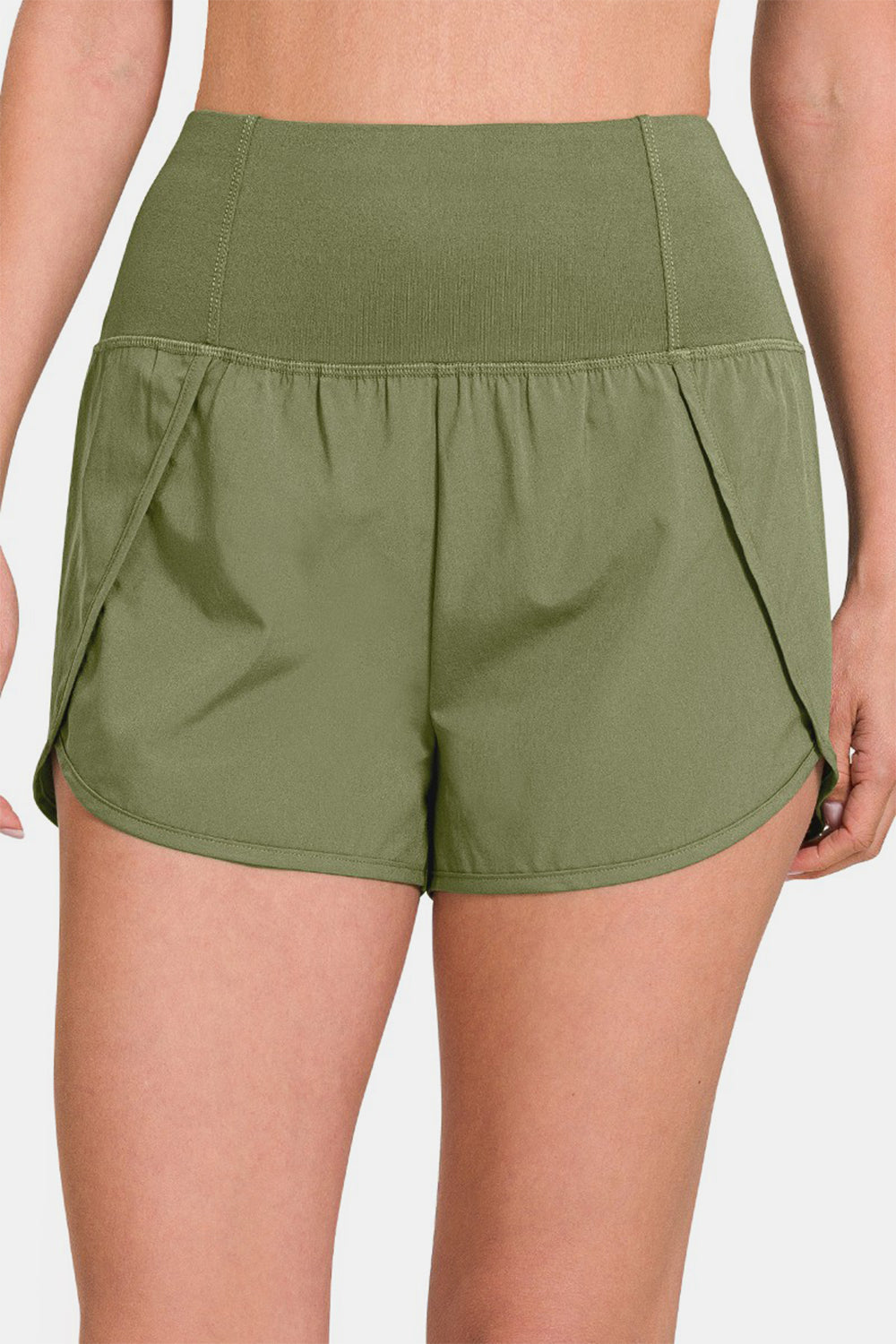 Zenana High-Waisted Zippered Back Pocket Active Shorts Lt Olive