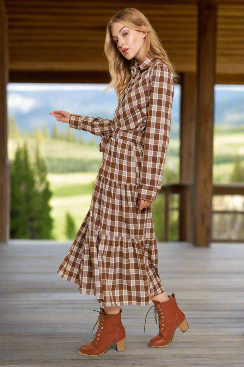 Plaid Tiered Midi Shirt Dress