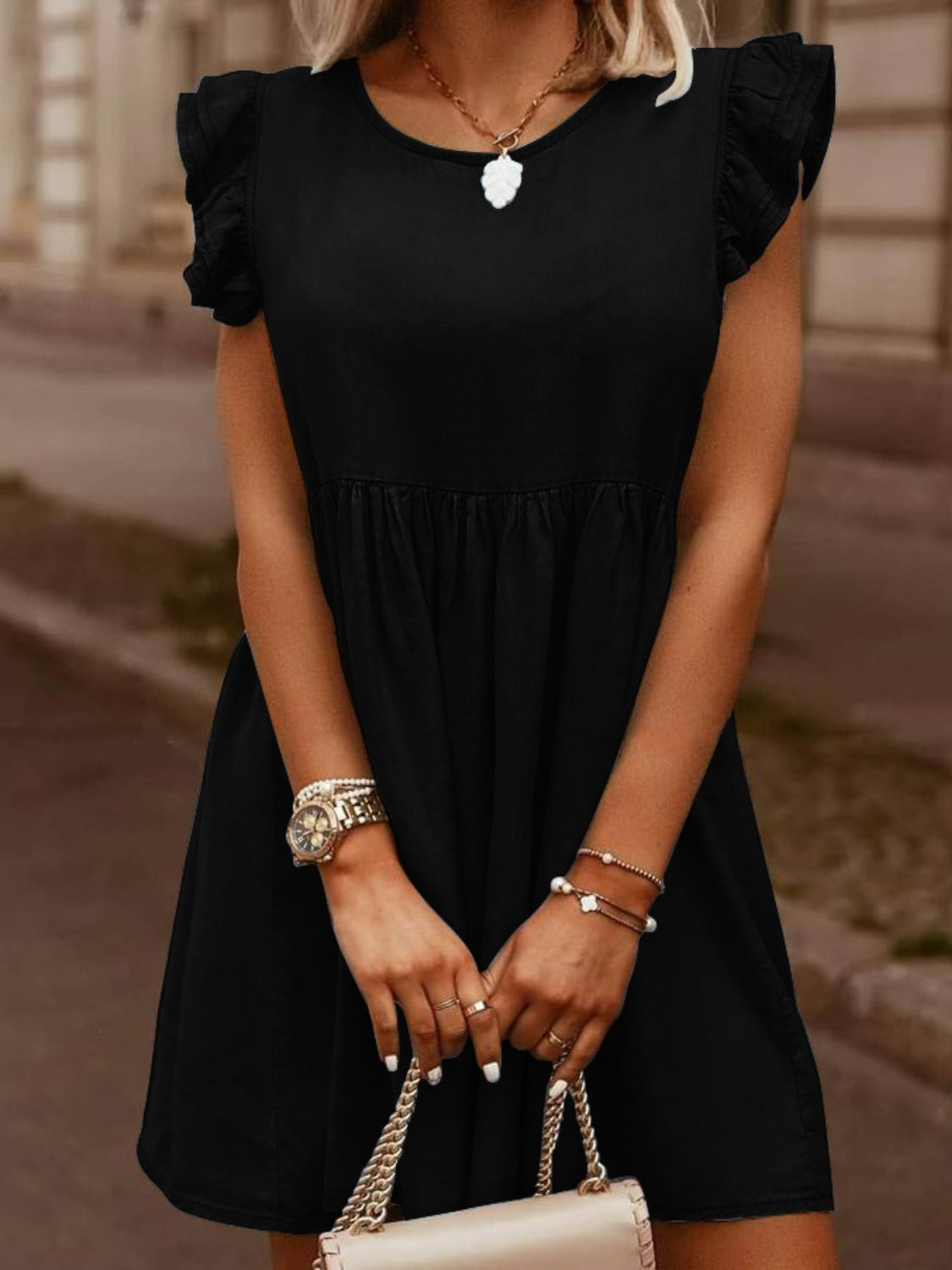 Ruffled Round Neck Cap Sleeve Denim Dress Black