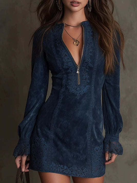 Full Size Zip-Front Long Sleeve Mini Dress Plus Size Navy Blue