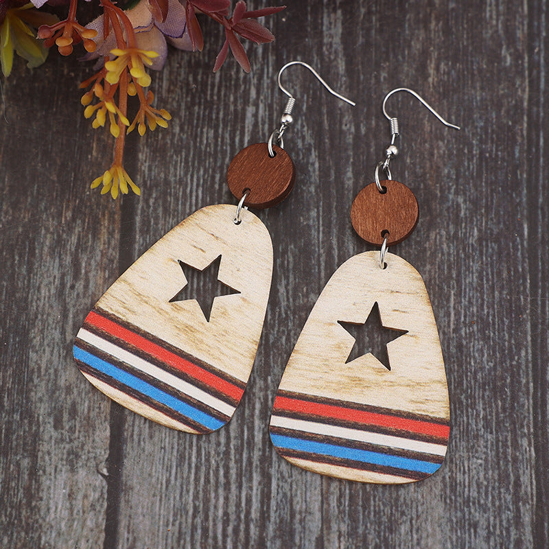 Cutout Star and Stripes Wooden Dangle Earrings Multicolor One Size