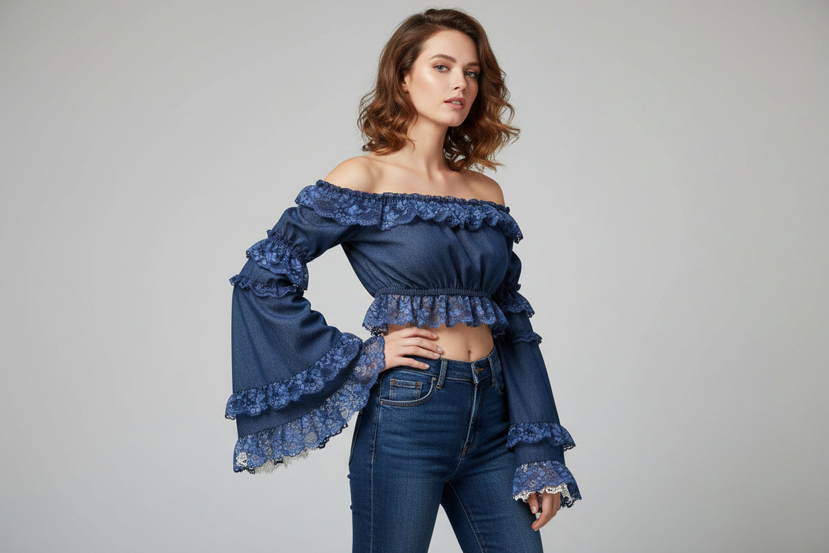 Dark Blue Denim Smocked Flare Sleeve Peasant Top