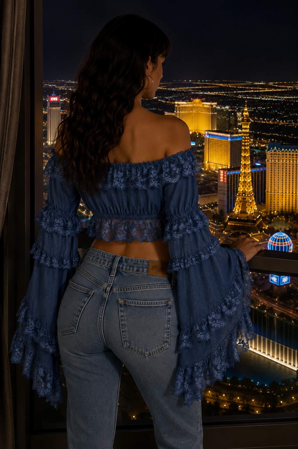 Dark Blue Denim Smocked Flare Sleeve Peasant Top