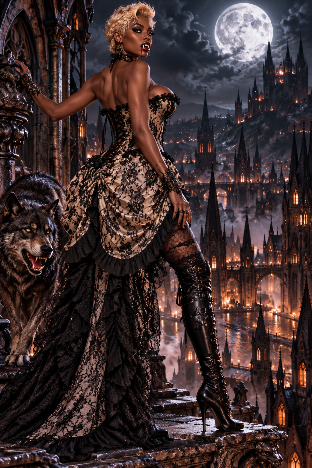 Cream with Black Lace Overlay Bustle Corset Dress