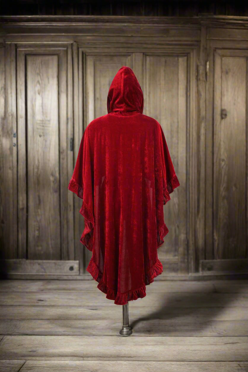 Dark Red Velvet Hooded Ruffle Cape