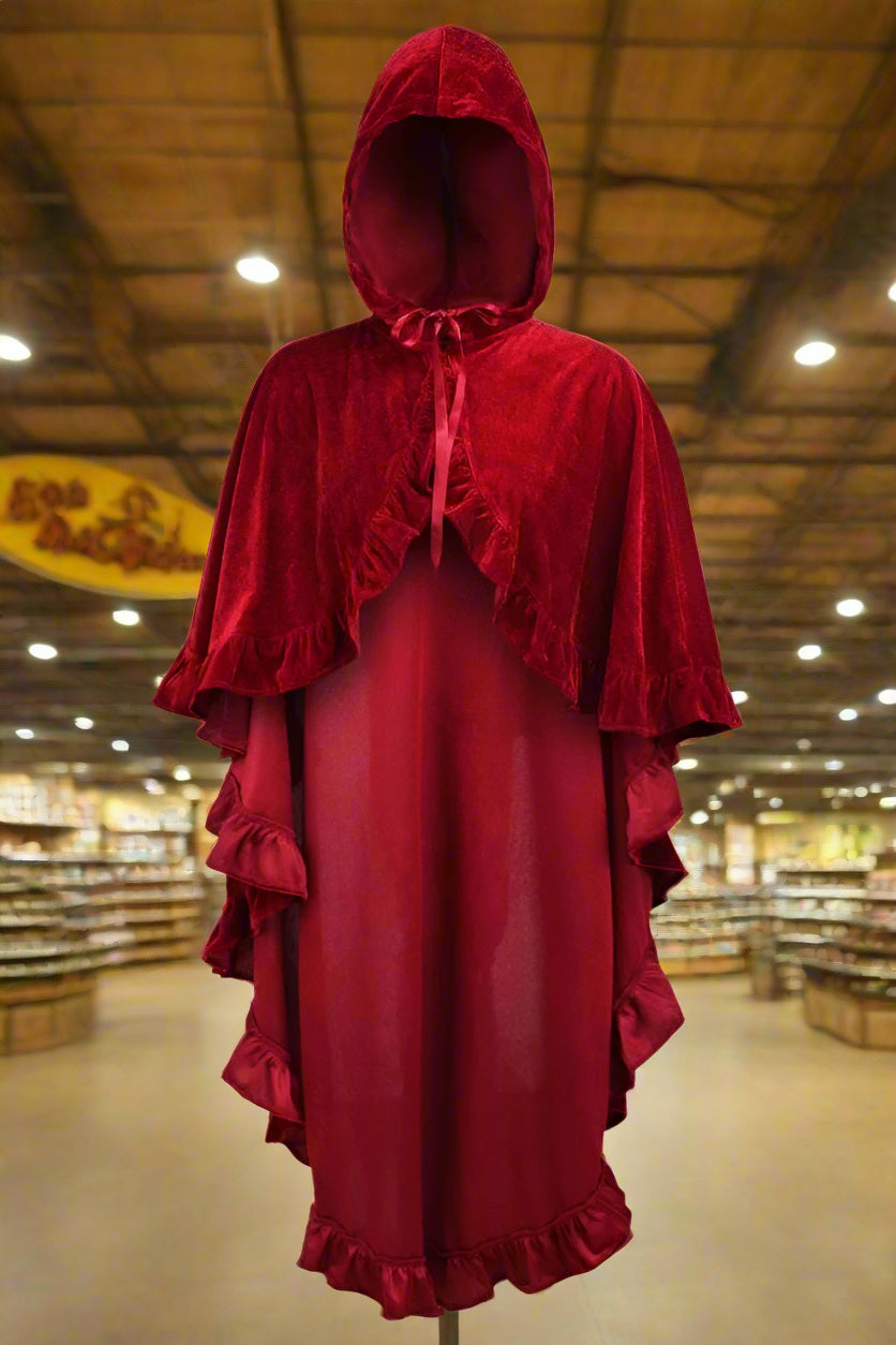 Dark Red Velvet Hooded Ruffle Cape