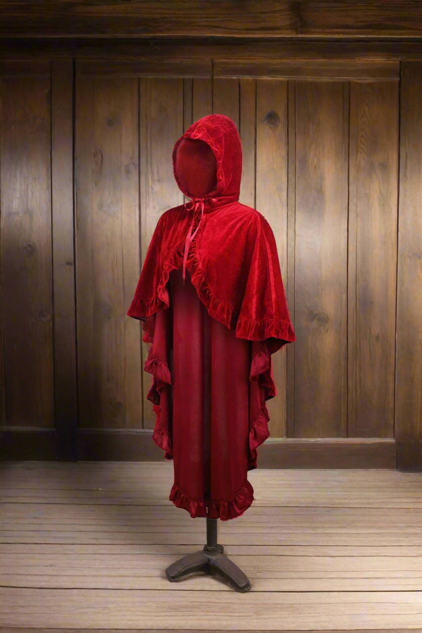 Dark Red Velvet Hooded Ruffle Cape